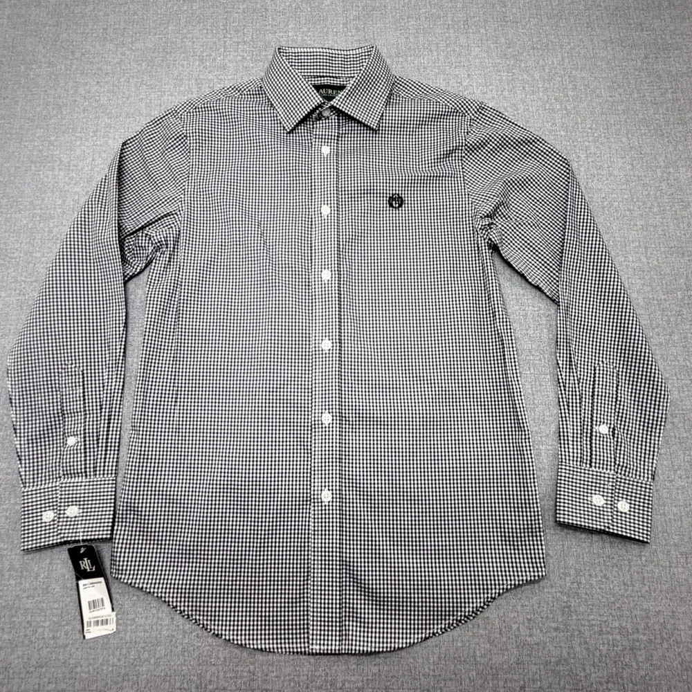 NWT Lauren Ralph Lauren Boys 14 Gingham Button Down Dress Shirt Black White LS